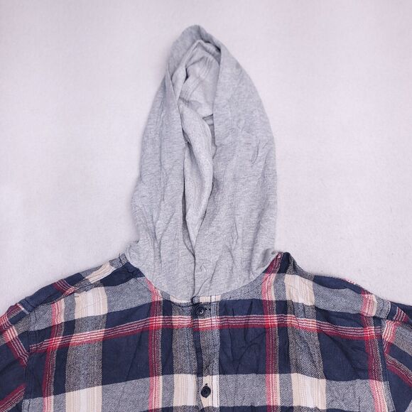 PacSun Casual Button Up Long Sleeve Hoodie Mens Size Large L Blue Red Plaid - Picture 1 of 10